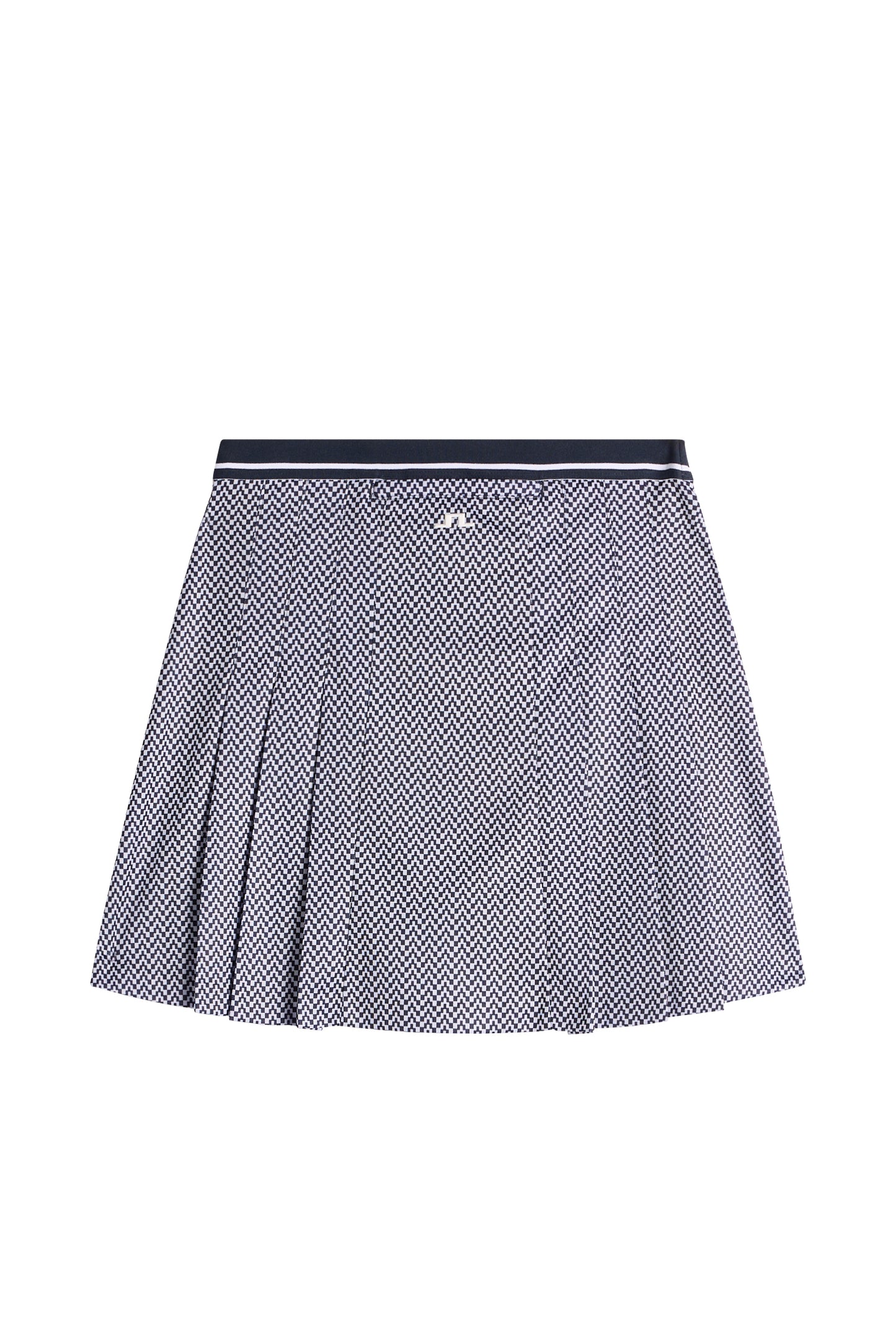 Vue de dos : Harlow Print Skirt imprimée bleu marine avec plis cousus et logo Bridge au dos.