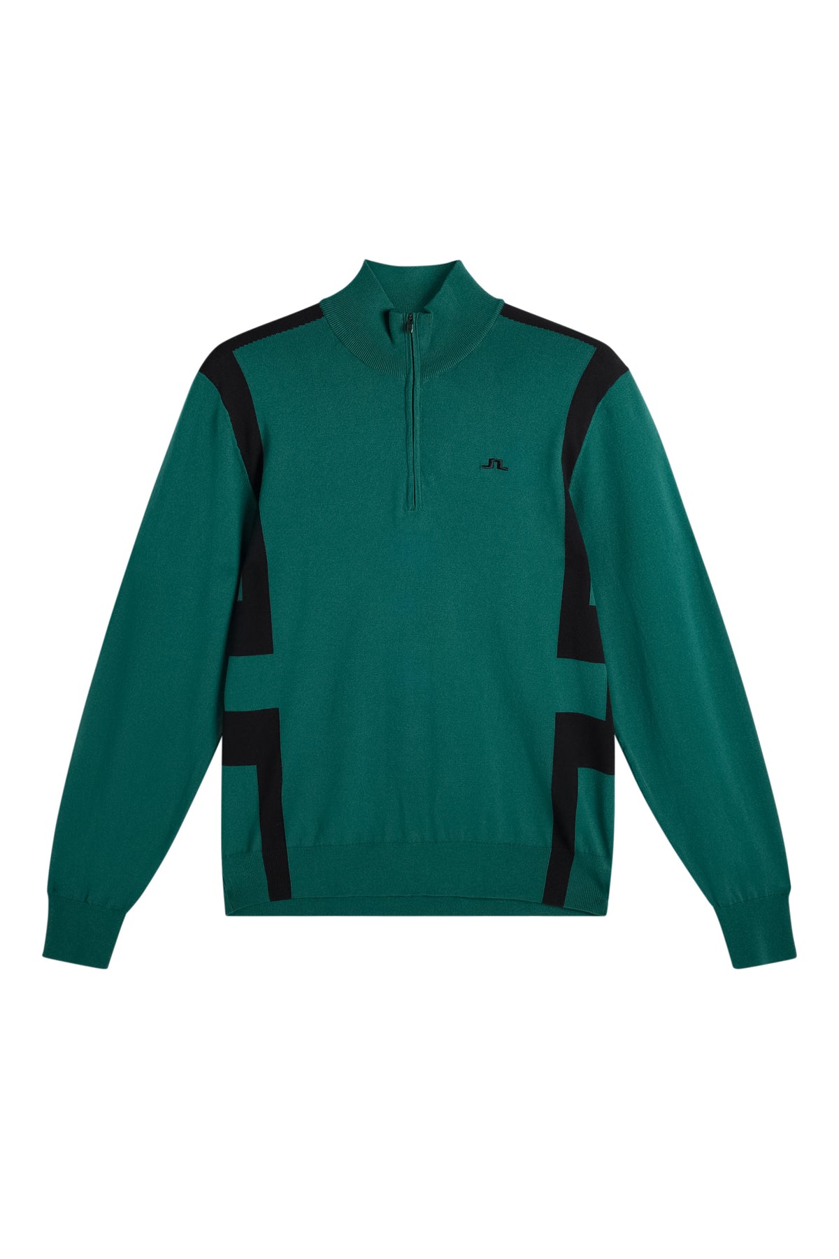 Set forfra: Grøn Kendrick Knitted Zip Sweater med sorte sidepaneler, lynlås i halv længde og Bridge-logo på brystet.