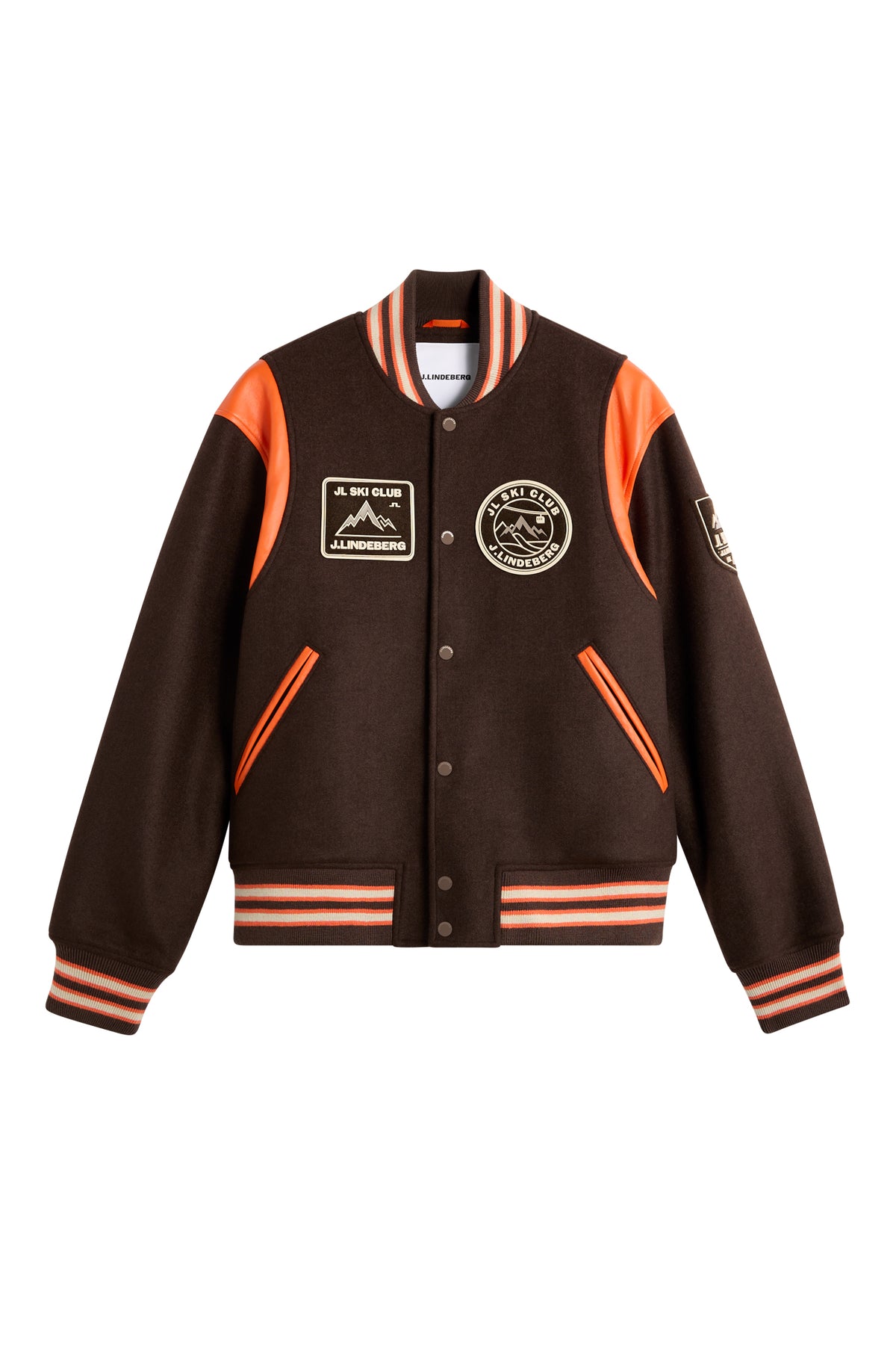 Bobby Bomber Jacket in Seal Brown, front view with JL Ski Club patches, snap buttons, and striped ribbed trim.