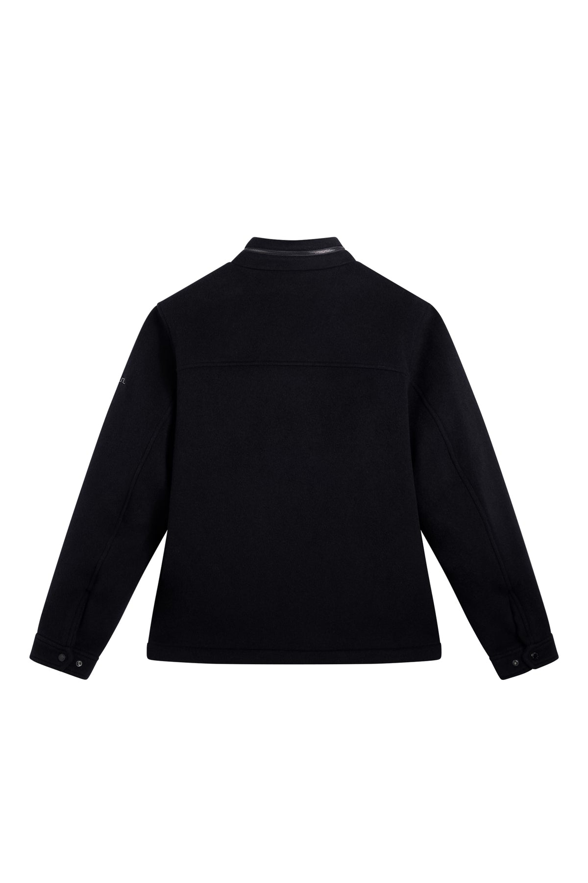 Bailey Wool Jacket in JL Navy, back view showing back yoke and stand collar with zipper.