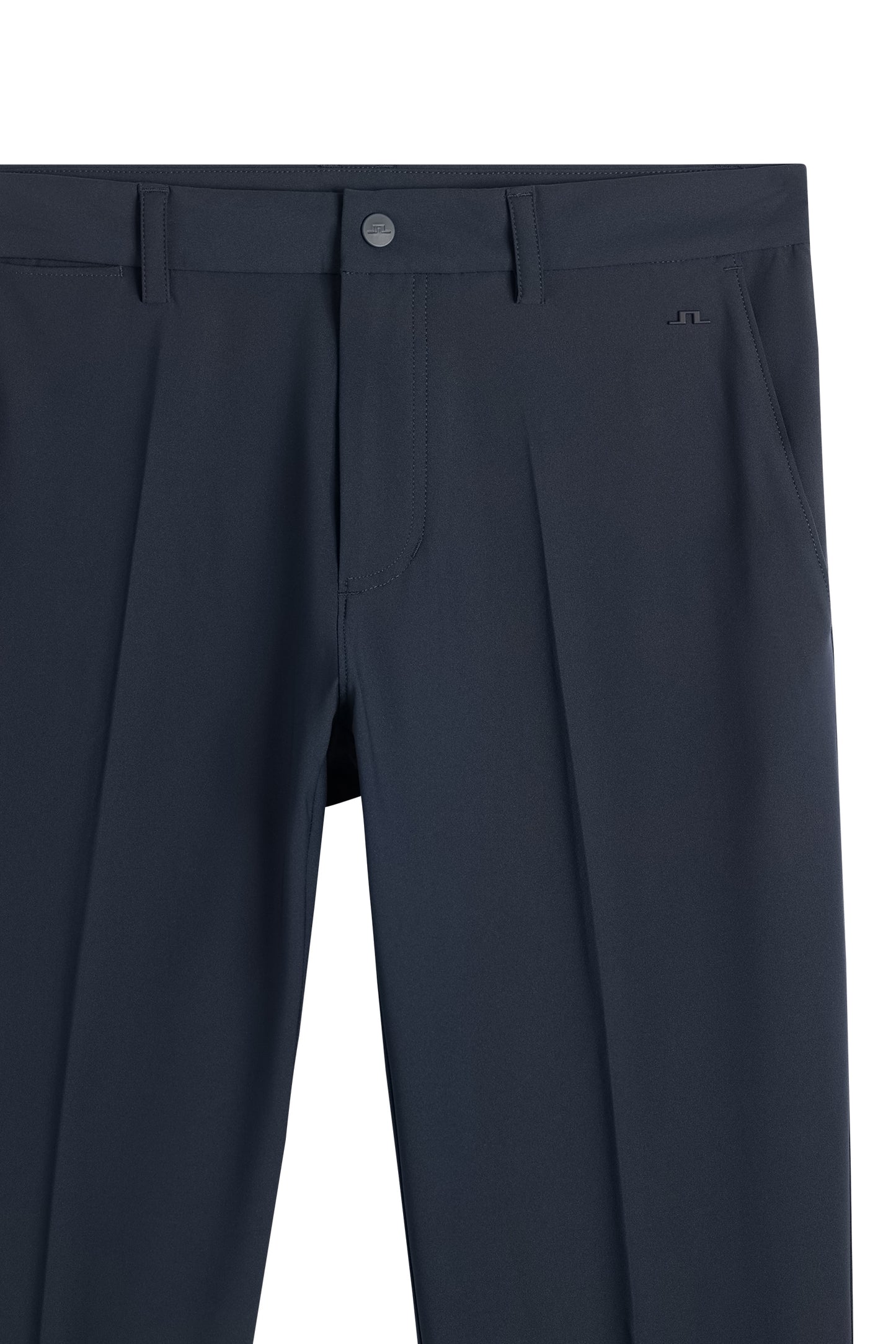 Mitch Stripe Pant in JL Navy, close-up front view showing the waistband, fly, side pockets, and Bridge logo.