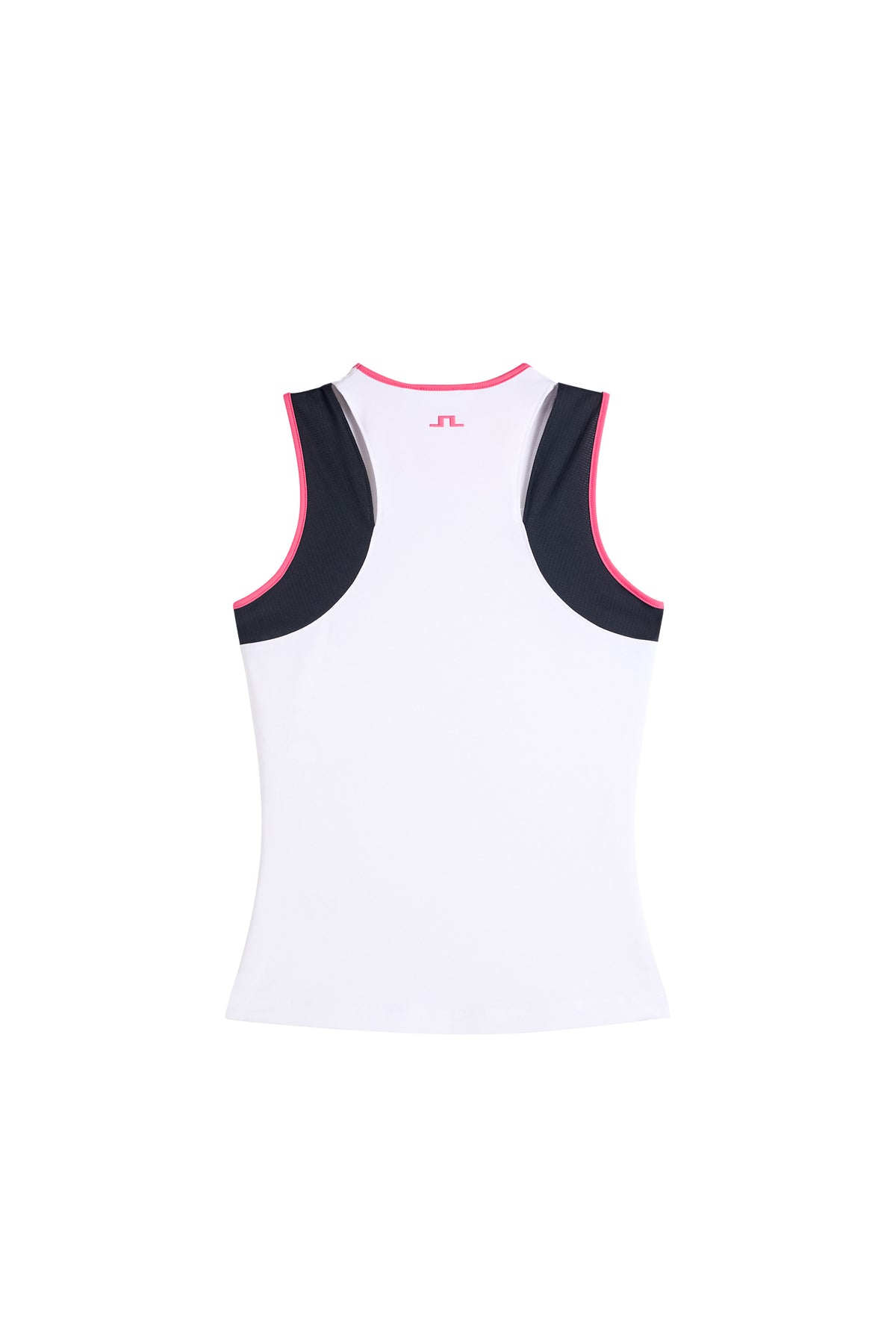 Rückansicht: Weißes Ava Sleeveless Top mit Mesh-Einsätzen an den Schultern, pinker Kontrasteinfassung und Bridge-Logo.