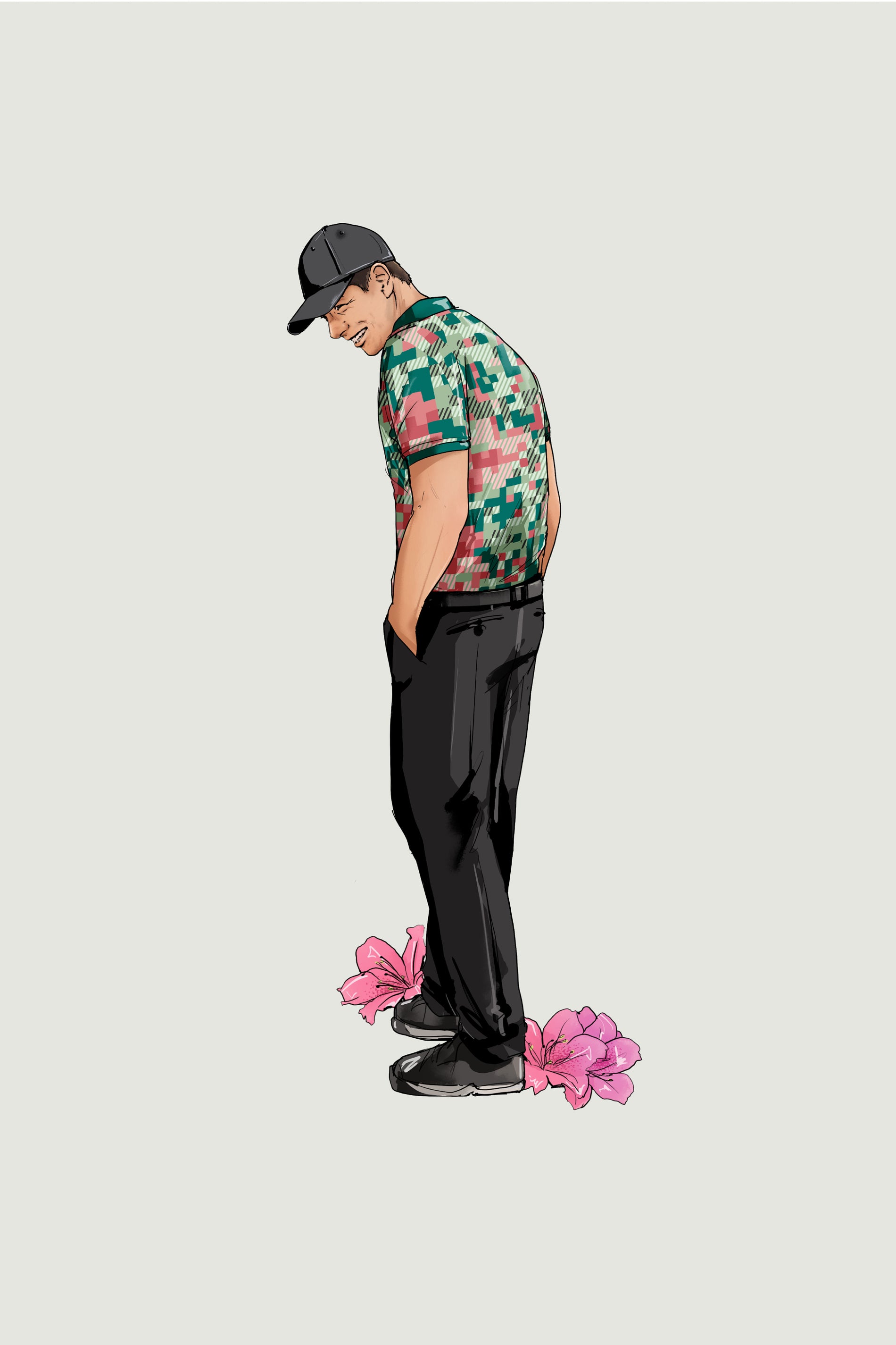 Sketch of golfer wearing, day one scripting for Augusta golf tournament.