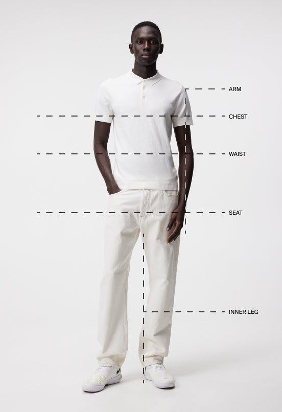 Lines across model to show where to measure for different sizing measurements.